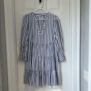 Gray Striped 3/4 Sleeve Dress. Sz 10. 35” long